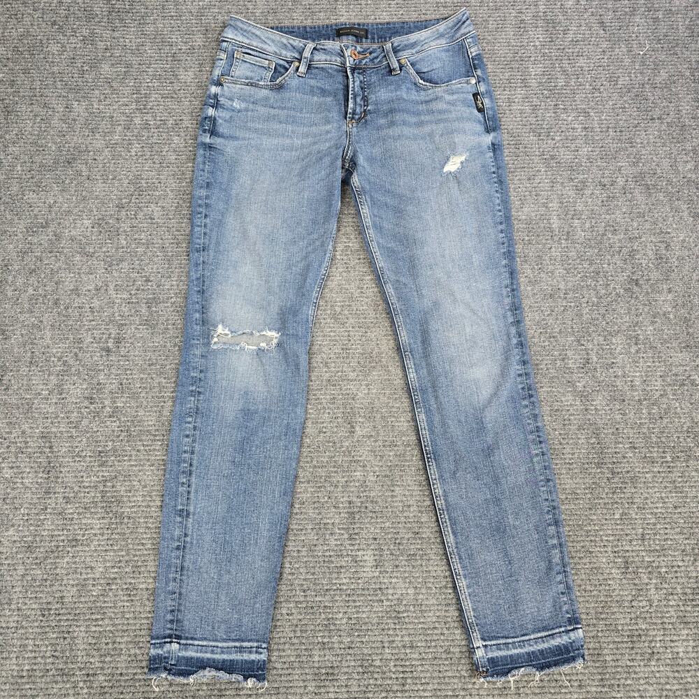 Silver Jeans Co Boyfriend Jeans Womens 29x29 Blue Distressed Raw Hem Stretch